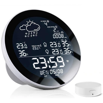 Tuya Wifi חכם תחנת מזג אוויר מד טמפרטורה, מד לחות מזג אוויר טמפרטורה מטר עם שעון גדול מסך בצבע