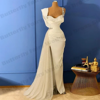 מפואר מחוץ כתף גבוהה פיצול נשים אלגנטי שמלות ארוכות סאטן ספגטי רצועת שמלות לנשף מסיבת ערב טקסי שמלות