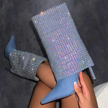 2024 חדש קריסטל כחול דק עקבים מחודד בוהן נשים הברך מגפיים גבוהים נעלי חורף נעלי נשי פאטוס Mujer