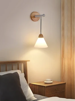 נורדי עץ השינה ליד המיטה מנורת קיר עץ יפני משובח בסלון רקע מנורת קיר