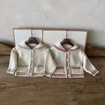 2023 סתיו חדש לתינוקות שרוול ארוך מעיל וינטג 'פעוטה לסרוג סוודר לתינוק ילד מזדמן בכיס הז' קט התינוק סרוג בגדים