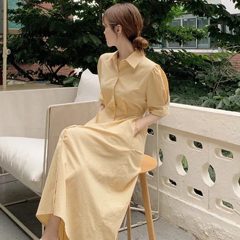 אלגנטית טמפרמנט דש נשים שמלות תיקו המותניים חד-כפתורים עם שרוול קצר Vestidos 2023 הקיץ הקוריאני שיק שמלה נשית