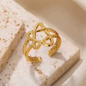 חלול כוכב טבעת נירוסטה טבעות לנשים, תכשיטי זהב פשוט צבע Bague Electroplated מתכוונן שכבה כפולה רחב הטבעת