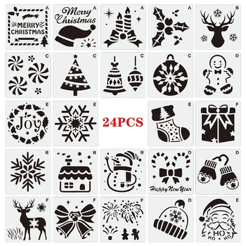24pcs קטנים חג המולד ציור תבנית להגדיר Resuable DIY גרפיטי סטנסיל 3 x 3