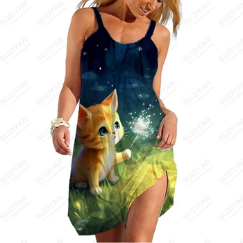 נשים רופף גודל גדול Suspender שמלה באיכות גבוהה 3D חתול חמוד מודפס שמלת קיץ חם -מכר מזדמן אופנה שמלה