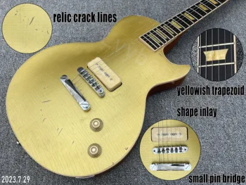 גיטרה חשמלית זהב טהור Otp שריד עבודה קווי סדק יחיד P90 איסוף הובנה סקייט אצבעות צהבהב Inaly בגילאי חלקים וצבע