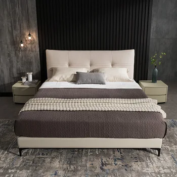 ריהוט חדר שינה איטלקי פשוט מאוד פרה מיטה רכה עטופה קצה המיטה תאורה מודרניים יוקרה חתונה כפולה למיטה