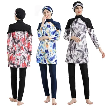 TaoBo 2022 3PCS שרוול ארוך המוסלמים בגדי ים צנועים לנשים, נשים במזרח התיכון שמרני מודפס קרם הגנה בגד ים בגד ים