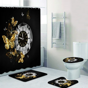 יוקרה עתיקות Steampunk שעון עם טיסה תכשיטי זהב פרפרים חדר מקלחת וילון להגדיר עבור אמבטיה שירותים מחצלות עיצוב