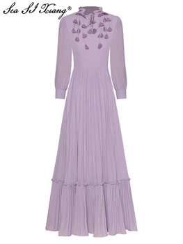 Seasixiang מעצב אופנה שמלת הקיץ נשים אפליקציות תחרה צווארון פנס שרוול לפרוע המפלגה אלגנטי שמלות Midi
