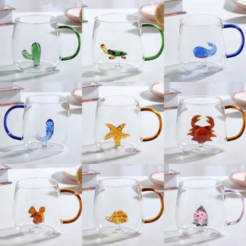 3D רוז לכוס זכוכית עם ידית משק ארוחת בוקר כוסות מיץ קפה ברורה ספל בסלון עם אורחים זכוכית גביעים 400ML