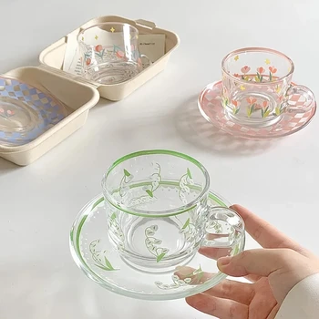יצירתי כוס קפה ותחתית להגדיר קוריאנית כוסות מצוירים ביד צמח פרח ספל קפה מטבח ביתי Drinkingware כוסות אספרסו