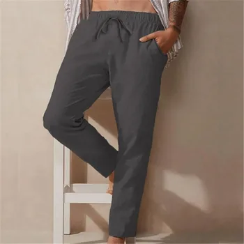 Mens אופנה מזדמן צבע אחיד תנסה לנשימה קוריאני אופנה קיץ כותנה פשתן כיס אלסטי המותניים גודל גדול מכנסיים מכנסיים