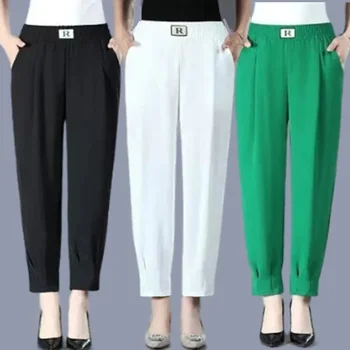 הקיץ לנשים של הרלן מכנסיים חדשים מזדמנים אלסטיות גבוהה המותניים קרסול-אורך מכנסיים אופנה קוריאנית Pantalon בגיל העמידה אמהות מכנסיים