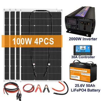 2000W סולארית כוח מחולל מערכת הערכה הביתה 220V מהפך 30A בקר סוללה מטען USB 12v 100Ah סוללת Lifepo4