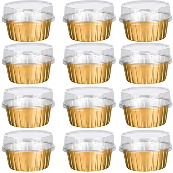 קינוח כוסות עם מכסים חבילת 50 זהב רדיד אלומיניום מחזיקי כוסות אפייה עוגה לאפות השירות Ramekin ברור גביעי פודינג
