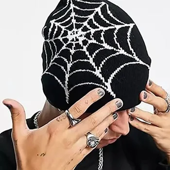 איכות גבוהה 2023 newDicusph Y2K גותי קורי עכביש אקארד לסרוג כובע היפ הופ קורי עכביש לבן על רקע שחור,