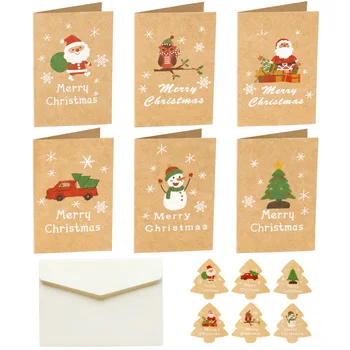6pcs חג שמח כרטיסי ברכה עם מעטפות עץ חג המולד מדבקות קראפט החג כרטיס מתנה להגדיר עבור חג המולד ציוד למסיבות