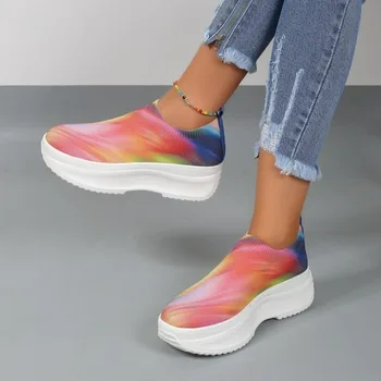 חדש חם מכירת נעלי נשי חדש של נשים Vulcanize נעלי סתיו מזדמן סרוגים סניקרס שטוחות לערבב צבע של נשים נעלי ספורט