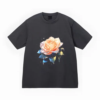 נשים כותנה טהורה חולצת פרח נושא זוהר רוז מזדמנים עם שרוול קצר חולצה פשוטה רחוב בגדי נשים