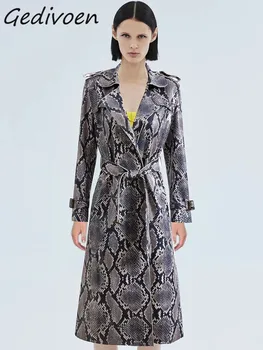 Gedivoen אופנה האביב המסלול בציר הדפס עור מעיל נשים דש שרוול ארוך כיסים Frenulum סלים ארוך מעיל גשם