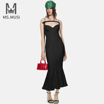 MSMUSI 2023 חדש אופנה נשים סקסיות רצועת תחרה Falbala קפלים שרוולים מחשוף גב התחבושת מסיבת מועדון Bodycon אירוע Midi שמלה