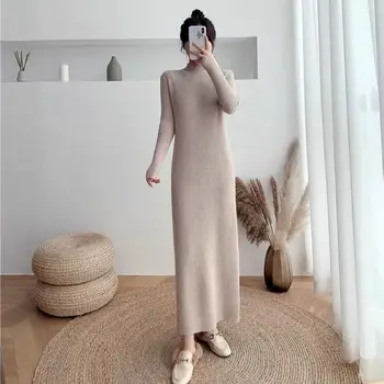 סתיו חורף 2023 חדשות סרוגים שמלה חצי צווארון גבוה קרקעיות סוודר ארוך חצאית קוריאני גרסת Midi נשים, אופנת רחוב, שמלות