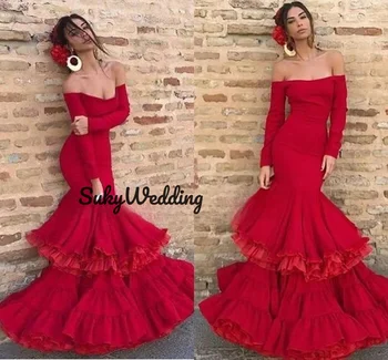 אדום-יין אדום בתולת ים ערב אירוע שמלות עם קפלים שכבתית חצאית שרוולים ארוכים ריקוד נשף שמלות מסיבת FALDA דה FLAMENCA