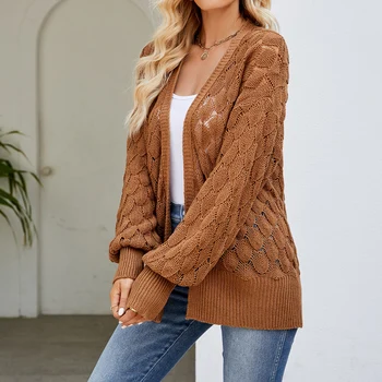 נשים לסרוג אפודות חלול Sweter סוודר אופנה Soild צבע עם שרוולים ארוכים מזדמן פשוט האביב בינוני מעיל ארוך