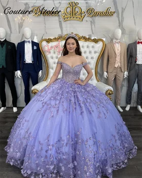 מתוק לילך לבנדר הטקס שמלות 3D פרפר מתוקה 15 מסיבת יום הולדת שמלות יוקרה ילדה vestidos דה-15 anos 2023