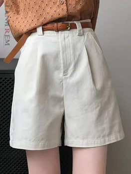 [LANMREM] פשטות גבוהה המותניים מכנסיים קצרים לנשים חגורה מוצק עיצוב ישר רחב הרגל מכנסיים, בגדי אופנה 2023 הקיץ החדש 26D4