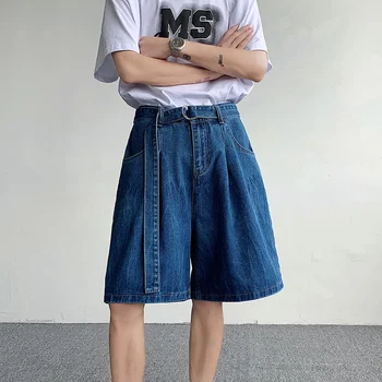 קיץ מכנסי ג 'ינס קצרים גברים אופנה חגורת רחב רגל סרבל מכנסיים קצרים Mens אופנת רחוב קוריאני חופשי כחול ג' ינס קצרים גברים מנופחים S-2XL