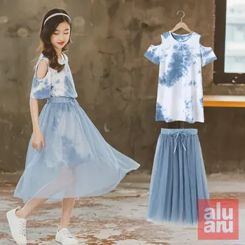 הקיץ חדש קוריאני גרסה גזה השמלה ילד גדול ילדה המערבי בסגנון Tie-dye שני חלקים סט שמלות ילדה