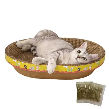 אליפסה חתול מגרד קרטון גלי שריטות לוח גירוד קערה עם אוכל חתולים, חתול מגרד המיטה מרגיעה משטח טרקלין המיטה