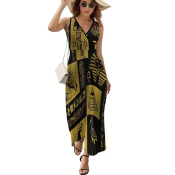 EgyptianGold הירוגליפים וגם סמלים קולאז ' ללא שרוולים שמלה שמלות אישה 2023 אישה בגדים