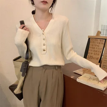 בסגנון קוריאני של נשים V-צוואר דק סוודר שרוול ארוך בודד עם חזה סלים ג ' קט מזג גברת סתיו תכליתי סריגים