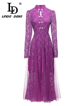 תעודת זהות לינדה דלה המסלול מעצב בציר שמלה של נשים שרוול ארוך סגול חלול החוצה הדפסה דו-שולי לקמט Slim Fit להתלבש