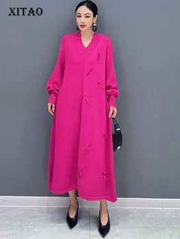 XITAO V-צוואר שרוול מלא רופף שמלת סריגה אופנה טלאים אופי מוצק צבע 2023 סתיו נשים שמלה חדשה DMJ2716