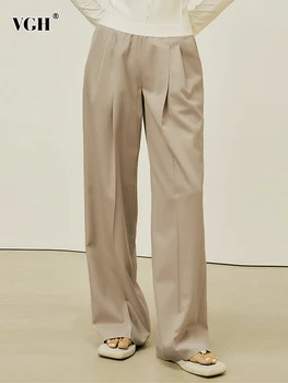 VGH מוצק Staright מכנסיים לנשים גבוה מותן קפלים מזדמן אורך רצפת רחב הרגל המכנסיים נקבה סגנון אופנה בגדי קיץ חדשים.