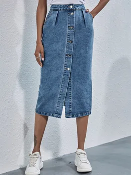 אופנת רחוב Y2k חצאיות ג 'ינס אופנה סלים גבוהה המותניים אחת עם חזה Midi חצאית ג' ינס מקרית רזה תלבושות קפלים חצי שמלה.