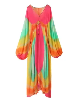 ZADATA 2023 סתיו נשים עניבה-צבע צבע ניגודיות שמלת החג סגנון V-צוואר לקשור את קצוות החצאית הארוכה