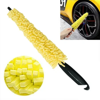 1Pc רכב מברשת ניקוי גלגל רכב לשטוף מברשת צמיג המברשת צהוב ספוג עם ידית פלסטיק לרחיצת כלים ואביזרים