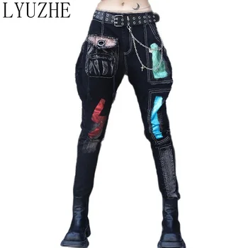 LYUZHE 2023 אביב סתיו בגזרה גבוהה סלים שחור בתוספת קטיפה ג ' ינס נשים עיצוב אופנה ניגוד תפר עיפרון מכנסיים ZWL2243A