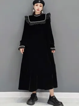 URIOR 2023 סתיו חורף אופנה חדשה רשת לשלב שמלת זהב שחור קטיפה תחרה נשים ללבוש אלגנטי