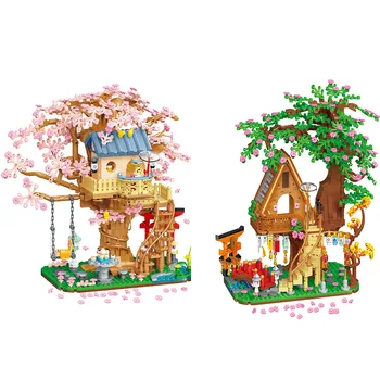 פריחת הדובדבן בית העץ לחסום DIY מיקרו היפנית סאקורה הבית יהלום בניין לבנים צעצוע לילדים בנות