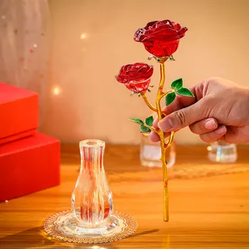 ורד אדום ורוד קריסטל פרח פסלון אינו דוהה הזר פסל זכוכית נצח פרח סלון יין הקבינט קישוט הבית