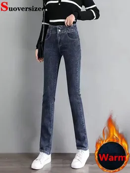 Oversize קטיפה מרופדת ג 'ינס ישר מכנסיים בחורף גבוהה המותניים חם עבה פעם בוקר שלקח לו מכנסיים קטיפה משובחת לעבות ג' ינס Broek