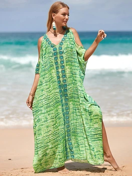 ירוק בוהמי חוף שמלות כתף קרה לכסות קופצים על בגדי אופנה Kaftans לנשים מקסי החלוק החג, בגדי ים.
