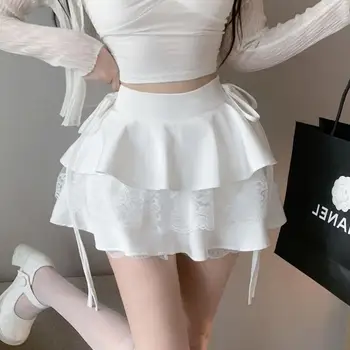 2023 Kawaii קפלים חצאית מיני נשים קוריאני אופנה חמוד, חצאית קצרה גברת קיץ התחבושת תחרה כפולה-שכבה גבוהה מותן חצאית סקסית