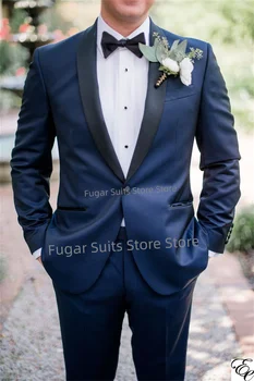 אלגנטיות של חיל הים כחול חליפת חתונה לגברים Slim Fit הצעיף דש החתן רשמית Tuxedos2Pieces קבוצות העסקים הגברי 